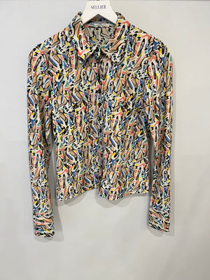 Chanel Spring 1995 White Button Down Shirt with Multicolour Shoe and Logo Print with Black and Gold CC Buttons Detail Size FR 36 (UK 8)