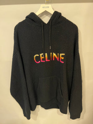 Celine Black Wool Knit Hooded Jumper with Multi-Colour Ombre Sequin Logo Size XS (UK 6) RRP £1,500