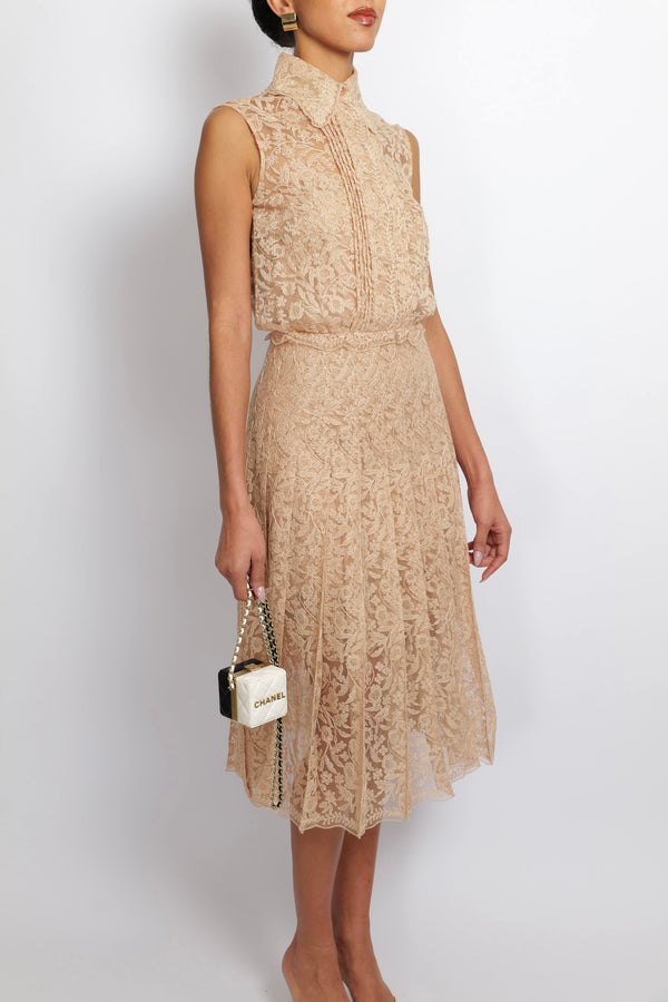 Ermanno Scervino Beige Lace Sleeveless Midi Dress with Waist Detail Size IT 40 (UK 8)