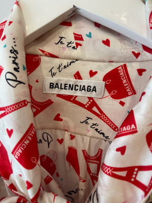 Balenciaga White and Red Printed Silk Short Sleeve Shirt with Tie-Neck Detail Size FR 40 (UK 12)