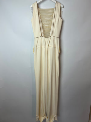 Alessandra Rich Cream Sleeveless Jumpsuit with Mesh V-Neck Panel and Gold Metallic trim Size IT 40 (UK 8)