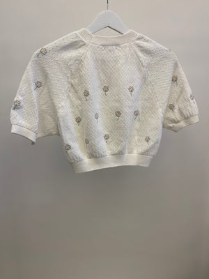 Christian Dior Kids White Cropped Knit Jumper with Floral Details and Pink Logo Size 8 years