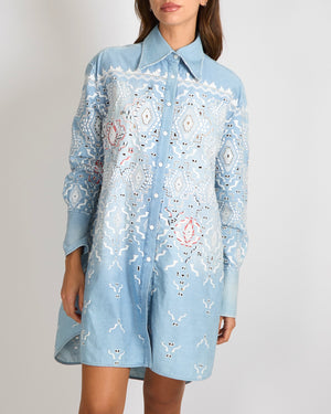 Ermanno Scervino Light Blue Denim Shirt Dress with White and Red Aztec Embroideries and Perforated Details Size IT 36 (UK 4)