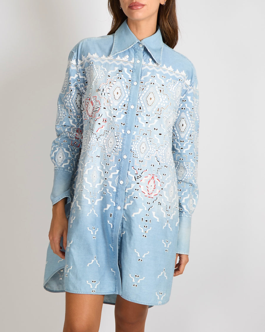 Ermanno Scervino Light Blue Denim Shirt Dress with White and Red Aztec Embroideries and Perforated Details Size IT 36 (UK 4)