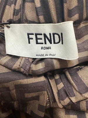 (NEEDS DRY CLEANING AFTER SHOOT) Fendi FF-Motif Printed Trousers in Brown Silk Size IT 38 (UK 6)