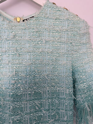 Balmain Light Blue Short Sleeve Tweed Short Dress with Fringes & Gold Buttons Detail Size FR 38 (UK 10)