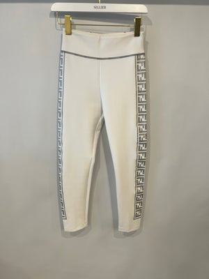 Fendi White Top and Leggings Sports Set with Silver Metallic Logo Details Size UK 8/UK 10