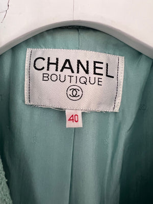 Chanel Tiffany Blue Tweed Jacket with Blue and Gold CC Button Details Size FR 40 (UK 12)