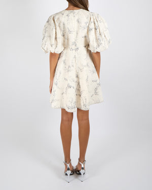 Zimmermann Cream Linen Mini Dress with Puff Sleeves and Grey Floral Print Size 1 (UK 10)
