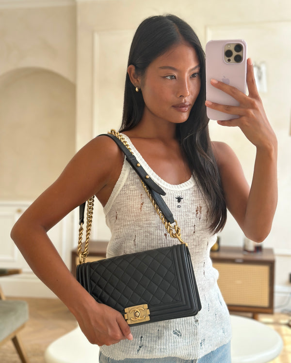 *FIRE PRICE* Chanel Black Medium Boy Bag in Lambskin Leather with Brushed Gold Hardware