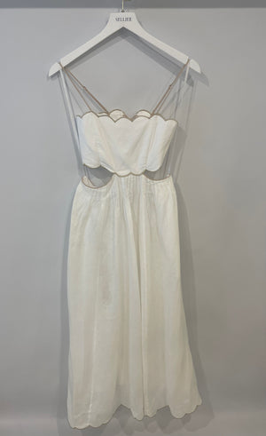 Zimmermann White Devi Linen Midi Dress with Cutout Detail and Beige Trim Detail Size US 0 (UK 8)