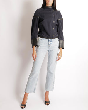 Hermès Navy Jacket with Black Leather Inserts and Logo Buttons Size FR 34 (UK 6) RRP £6,500