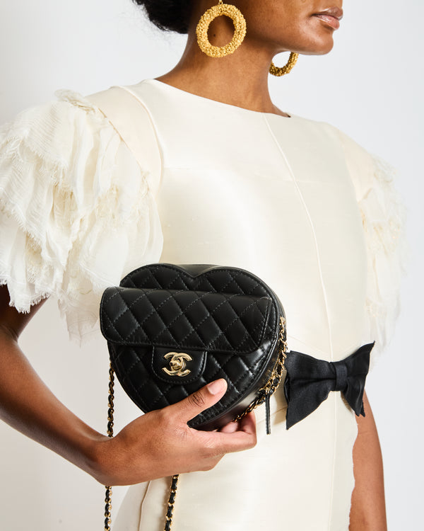 Chanel 22S Black Medium Heart Bag in Lambskin Leather with Champagne Gold Hardware