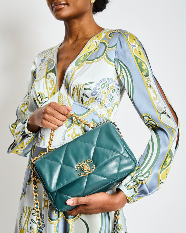 Chanel 19 Flap Bag in Forest Green Goatskin Leather with Chain CC Logo and Gold, Silver and Ruthenium Hardware