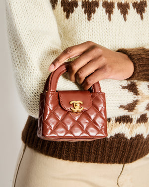 Chanel Brown Nano Mini Kelly Shopping Bag in Aged Calfskin Leather with Brushed Antique Gold Hardware