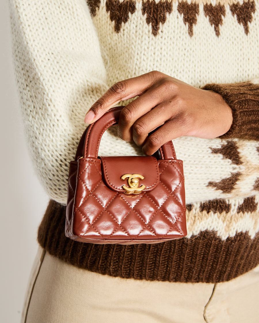 Chanel Brown Nano Mini Kelly Shopping Bag in Aged Calfskin Leather with Brushed Antique Gold Hardware