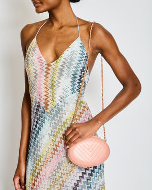 Chanel 2019 Pink Runway La Pausa Round Evening bag in Chevron with Gold Hardware and Charm Chain