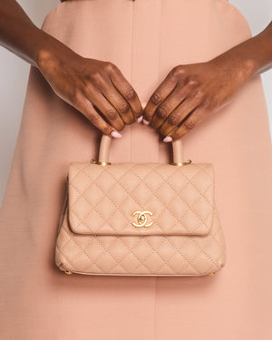 Chanel Beige Caviar Quilted Coco Top Handle with Gold Hardware