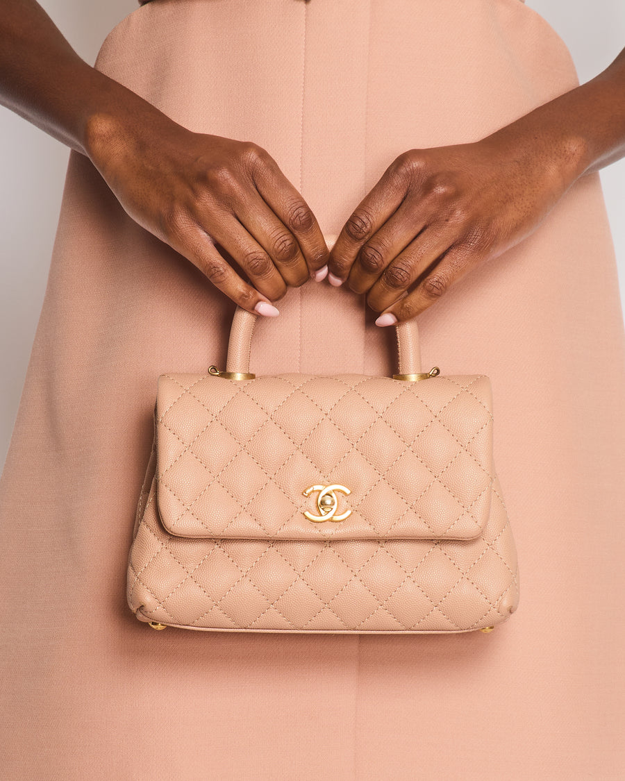 Chanel Beige Caviar Quilted Coco Top Handle with Gold Hardware