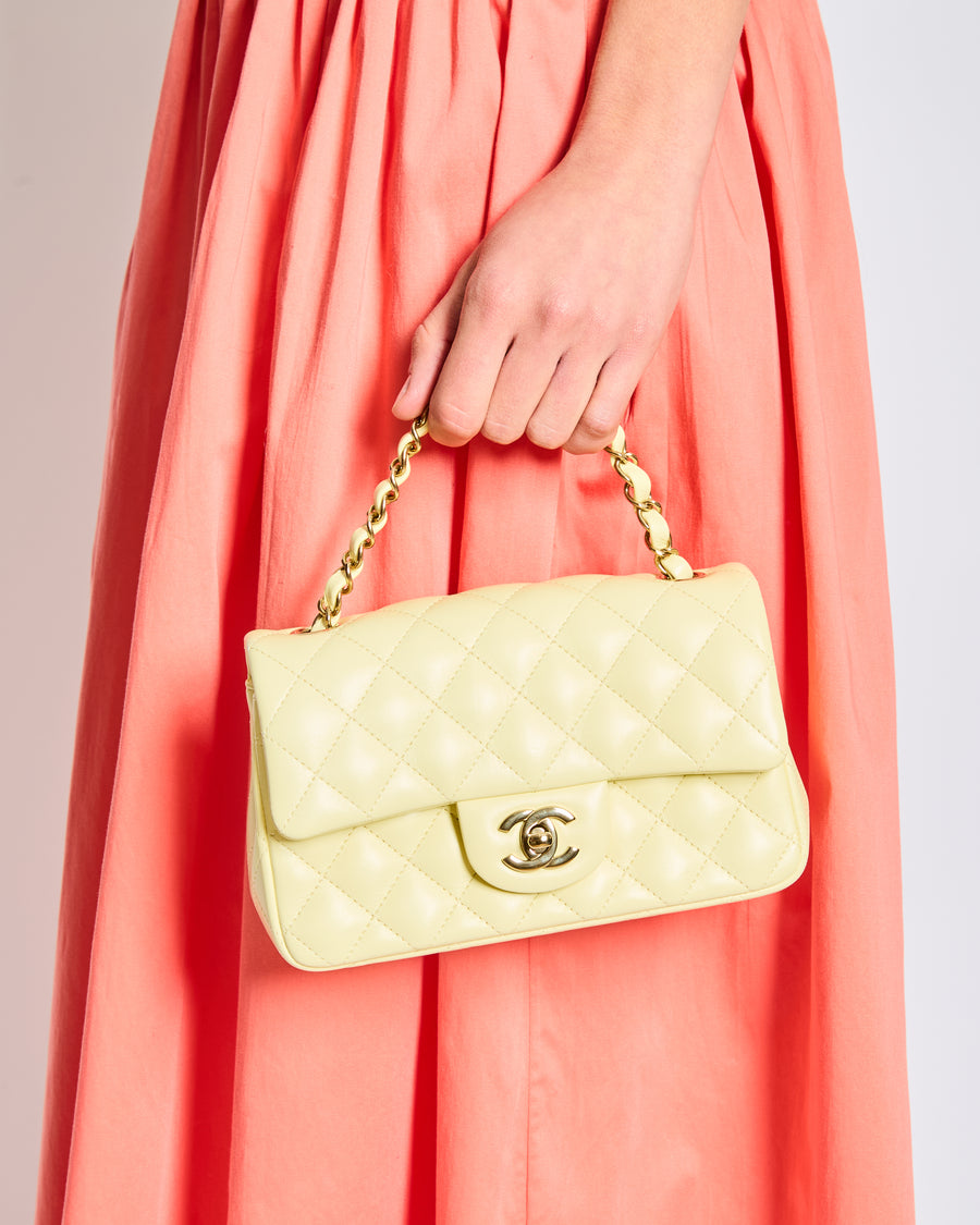 Chanel Classic Mini Rectangular Flap Bag in Pale Yellow Lambskin Leather with Silver Hardware
