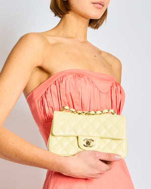 Chanel Classic Mini Rectangular Flap Bag in Pale Yellow Lambskin Leather with Silver Hardware