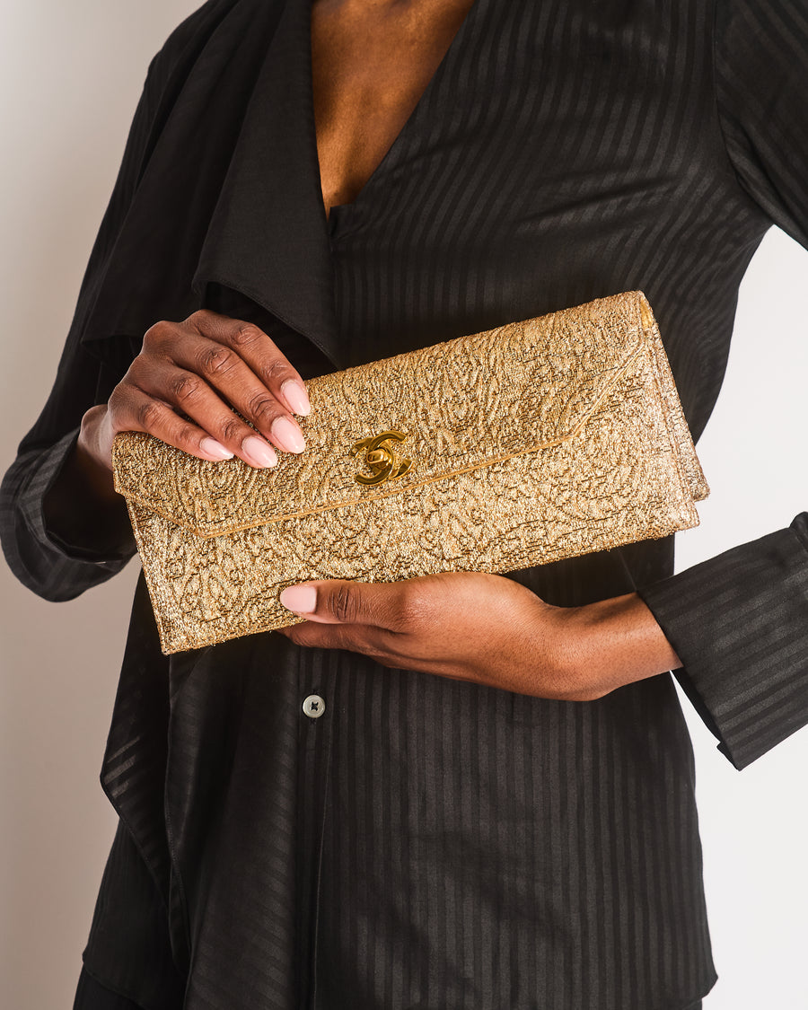 *SUPER RARE* Chanel Vintage Gold Nishijin Clutch Bag in Brocade Fabric with 24K Gold Hardware