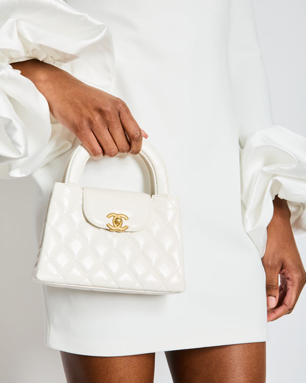 Chanel White Small Mini Kelly Shopping Bag in Shiny Calfskin Leather with Antique Gold Hardware