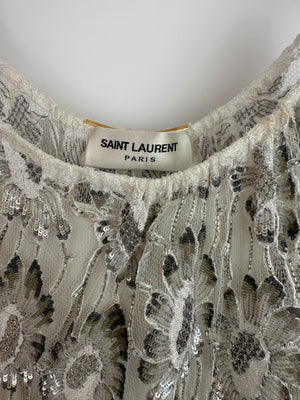 Saint Laurent White & Silver Floral Sequin and Bead Embroidered Mini Dress with White Slip Size FR 36 (UK 8)