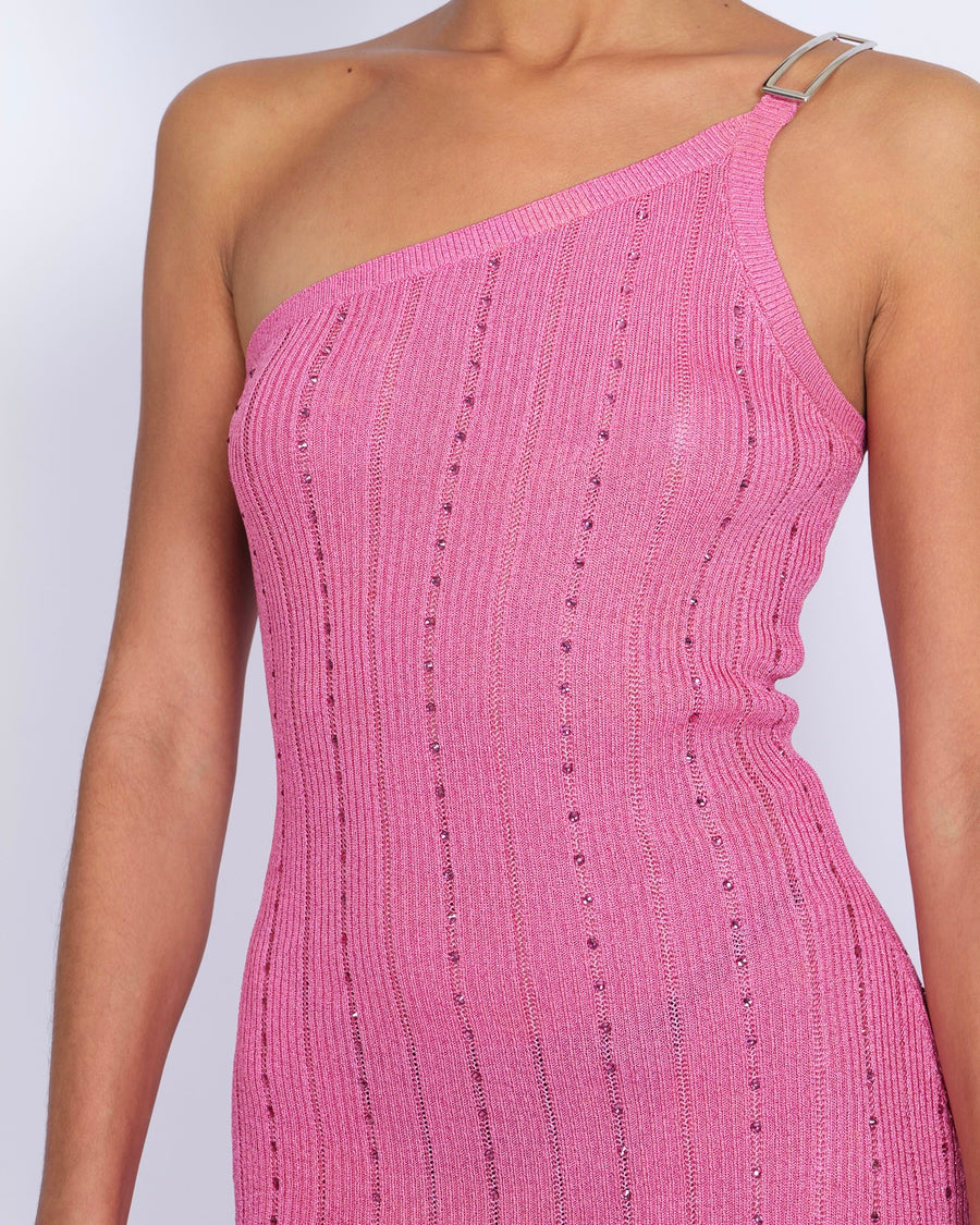 Alessandra Rich Pink Knit One-Shoulder Mini Dress with Crystal Embellishments and Silver Hardware Detail Size IT 42 (UK 10) RRP £890