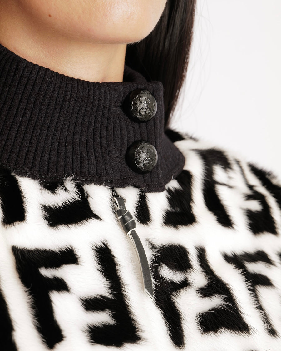 Fendi Black and White Logo Print Jacket with Mink Fur Front Insert and Black Logo Buttons Size IT 42 (UK 10) RRP £6,500