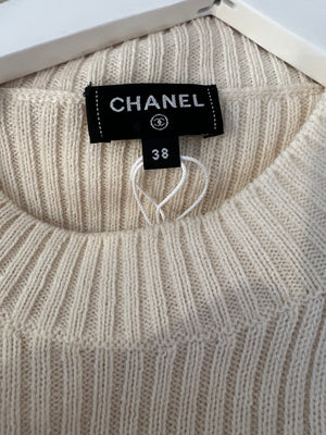 Chanel Cream Knit Wool Jumper with Gold Bag Charm Sleeve Details Size FR 38 (UK 10)