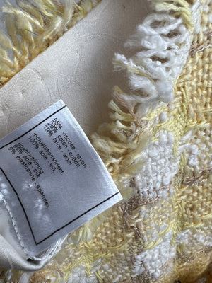 Chanel 04C Yellow and White Tweed Jacket and Grey Silk Shorts Set with Camelia Tweed Pin Detail Size FR 36 (UK 8)