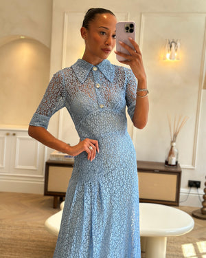 Alessandra Rich Light Blue Lace Midi Dress with Crystal Buttons Detail IT 40 (UK 8)