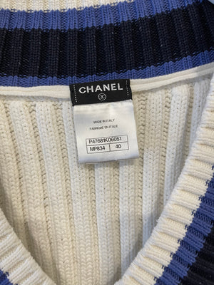 Chanel White, Black and Navy V Neck Knit Jumper with CC Button Details Size FR 40 (UK 12)