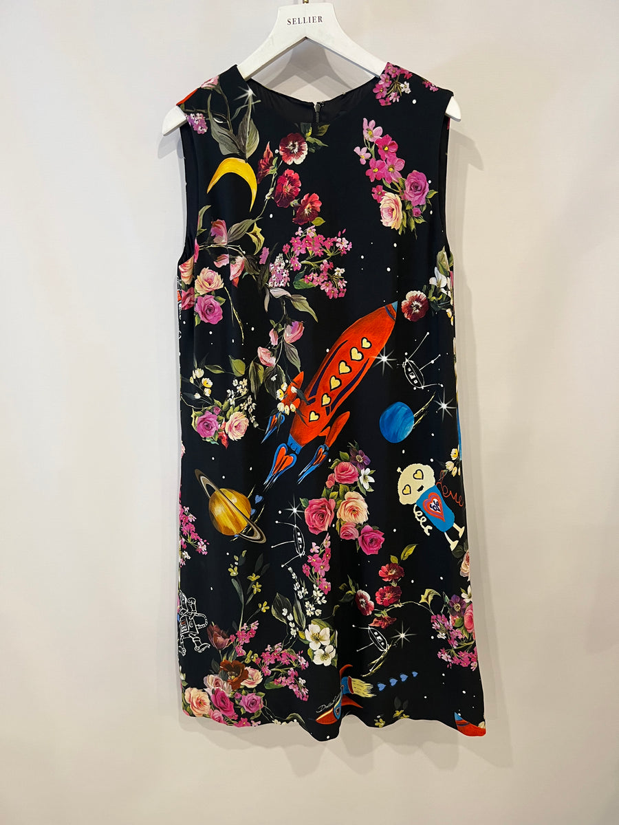 Dolce & Gabbana Black Silk Sleeveless Dress with Floral Prints Size IT 40 (UK 8)