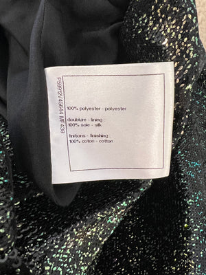Chanel Black Sequins and Green Iridescent Wide Leg Trousers with CC Logo Detail Size FR 34 (UK 6)