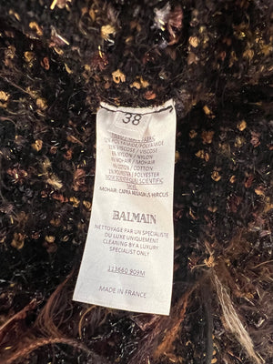 Balmain Brown Tweed Long-Sleeved Mini Dress with Metallic Details and Fringed Trims Size FR 38 (UK 10)