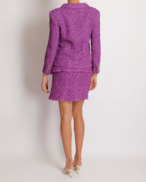 Chanel Cruise 2021 Purple Tweed Jacket and Mini Skirt Set with Gold Glitter CC Button Details Size FR 34/36 (UK 6/8)