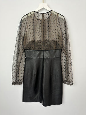 Valentino Black Long Sleeve Lace See Through Mini Dress with Leather Skirt Detail Size IT 40 (UK 8)