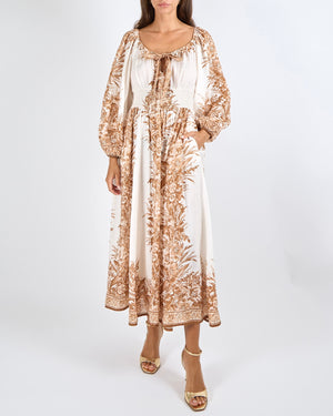 Zimmermann White and Brown Floral Printed Linen Moonshine Maxi Dress with Lantern Sleeves and and Ribbon Detail Size 2 (UK 12)