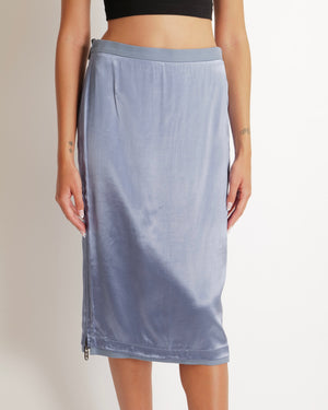 Fendi Blue Satin Midi Skirt with Back Logo and FF Zip Details Size IT 40 (UK 8) RRP £950