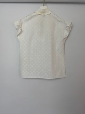 Louis Vuitton White Cotton Short Sleeve Shirt With Monogram Embroidery and Gold Logo Detail Size FR 36 (UK 8)