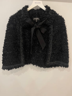 Chanel 16A Black Wool Textured Cape Jacket with Ribbon and CC Logo Detail Size FR 38/40 (UK 10/12)