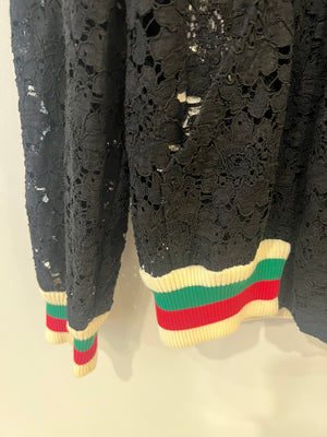 Gucci Black Lace Bomber Jacket with White, Red and Green Knitted Collar and Cuffs and GG Logo Detail Size IT 38 (UK 6)
