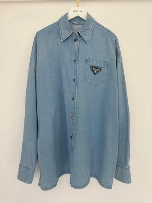 Prada Blue Washed Long-Sleeve Denim Shirt with Logo Detail Size IT 46 (UK 14)