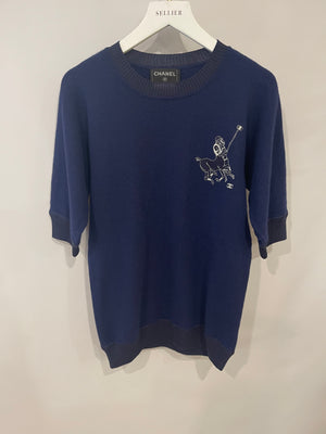 Chanel Electric Blue Short-Sleeve Cashmere Top with CC Logo Details Size FR 36 (UK 8)