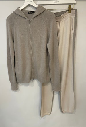 Loro Piana Light Grey and White Baby Cashmere Hoodie and Jogger Set Size IT 44 (UK 12)