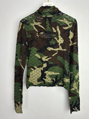 Christian Dior John Galliano Green, Khaki, Black and Brown Camouflage Open Knit Mock Neck Top with Cut Out Detail Size FR 40 (UK 12)