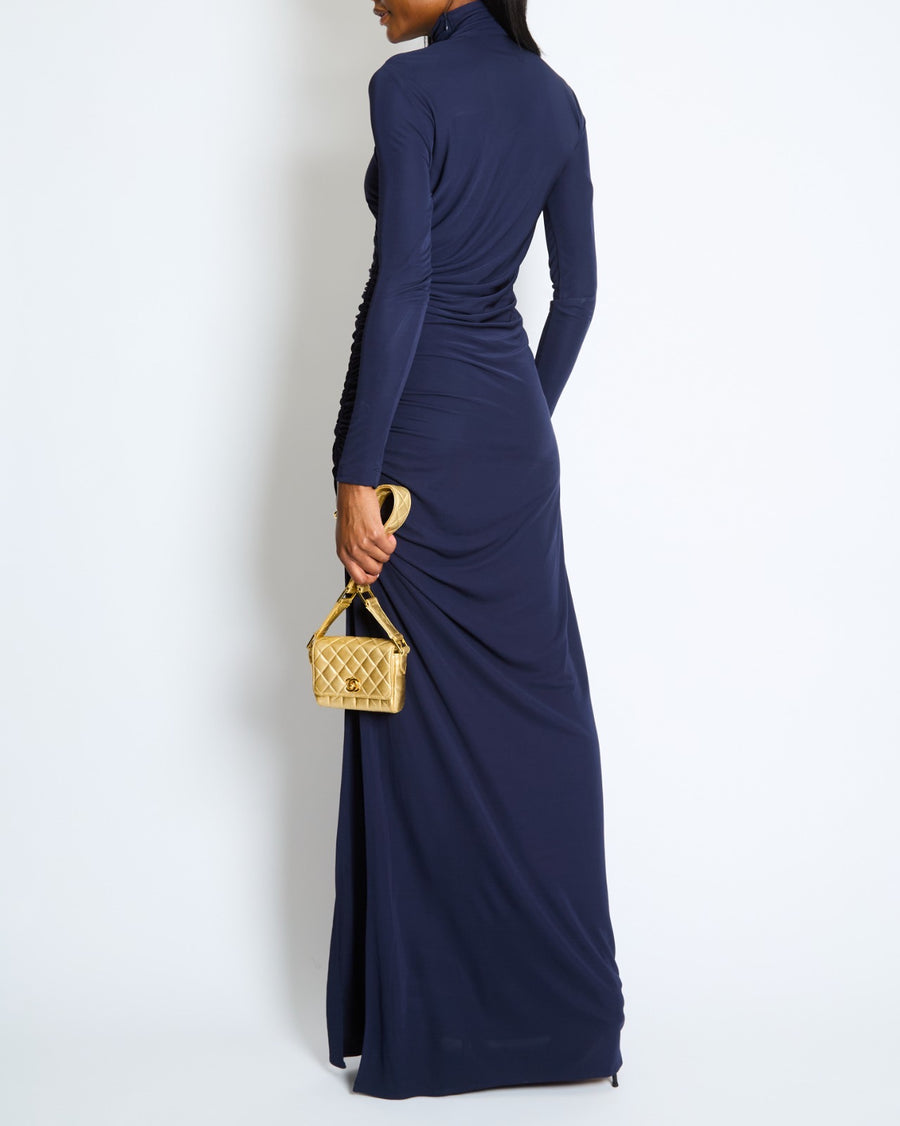 Bottega Veneta Navy Draped Maxi Dress with Side Ruching and Gold Knot Detail Size IT 36 (UK 4) RRP £1,880