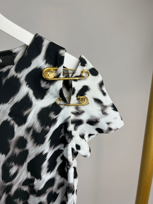Versus Versace Black, White Leopard Print Dress with Gold Pin Detail Size IT 38 (UK 6)